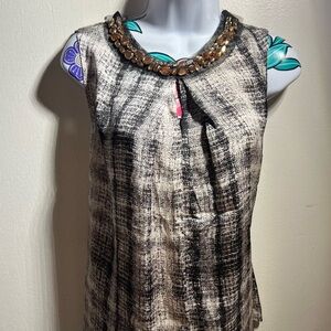 Jones New York Beige Black Embellished Collar Blouse